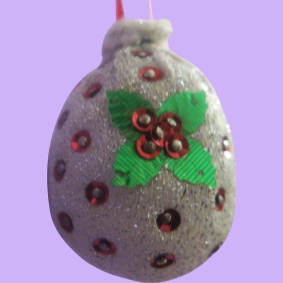 studded sequined egg mistletoe ornament in cream, red and green one size. - Picture 4 of 5